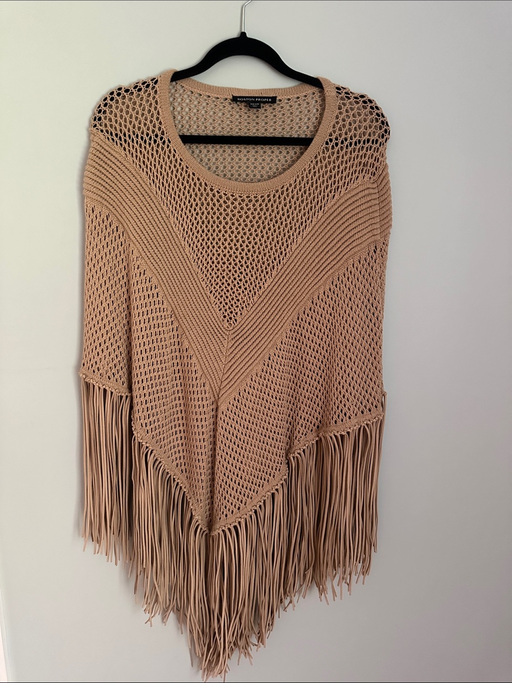 Boston Proper Blush Open-Knit Fringe Poncho Sweater